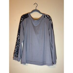 Luna Gray Waffle Knit Leopard Sleeve Top Plus Size 1X